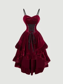SHEIN MOD Women's Velvet Mid-Length Dress,Costume,Burgundy,Christmas,Party,New Year - Red - View 1