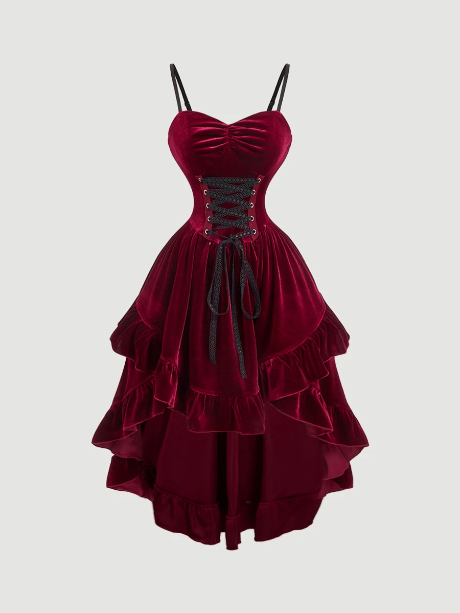 SHEIN MOD Women's Velvet Mid-Length Dress,Costume,Burgundy,Christmas,Party,New Year - Red - View 1