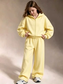 SHEIN Teen Girls Solid Fleece 2pcs Set, Yellow Thermal Lined Zip-Up Crop Hoodie & Wide Leg Pants Tracksuit Sweatsuit Outfits For Fall Winter Casual Wear - Yellow - View 1