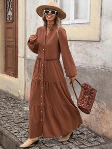 Brillora Fall Women's Casual Boho Textured Cotton Fabric V-Neck Button-Front Frill Trim Long Sleeve Dress For Vacation Commute Back To School Shades Of Brown - Brown - View 10