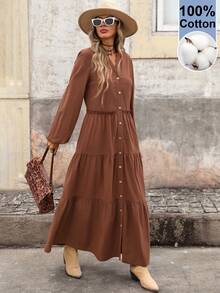 Brillora Fall Women's Casual Boho Textured Cotton Fabric V-Neck Button-Front Frill Trim Long Sleeve Dress For Vacation Commute Back To School Shades Of Brown - Brown - View 5