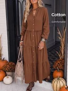 Brillora Fall Women's Casual Boho Textured Cotton Fabric V-Neck Button-Front Frill Trim Long Sleeve Dress For Vacation Commute Back To School Shades Of Brown - Brown - View 2