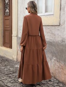 Brillora Fall Women's Casual Boho Textured Cotton Fabric V-Neck Button-Front Frill Trim Long Sleeve Dress For Vacation Commute Back To School Shades Of Brown - Brown - View 8