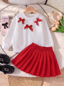 SHEIN Oung Girls 2件組秋季酒紅色長袖套頭衛衣配黑色蝴蝶結與百褶裙可愛學院風套裝秋季女童服飾 - 白色 - 查看 5