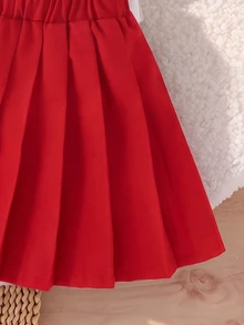 SHEIN Oung Girls 2件組秋季酒紅色長袖套頭衛衣配黑色蝴蝶結與百褶裙可愛學院風套裝秋季女童服飾 - 白色 - 查看 3