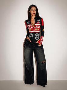 SHEIN ICON Women's Letter & Number Print Casual Daily Long Sleeve Bodysuit - Multicolor - View 5
