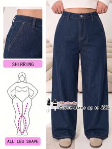 SHEIN CURVE+ 大尺碼女款鈕扣口袋設計直筒牛仔褲，適合度假、生日、海灘、秋季，休閒正裝寬鬆款 - 深色水洗藍 - 查看 2