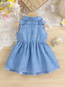 SHEIN 1件女嬰無袖鈕扣領牛仔效果印花卡通動物圖案太陽裙，藍色夏季休閒可愛度假時尚復古洋裝 - 藍色 - 查看 3