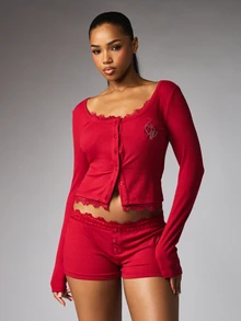 BABYPHAT Christmas Ribbed Knit High Rise Mini Hot Pants With Lace Trim Waistband And Rhinestone Logo Detail For Casual Lounge Wear - Red - View 2