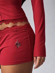 BABYPHAT Christmas Ribbed Knit High Rise Mini Hot Pants With Lace Trim Waistband And Rhinestone Logo Detail For Casual Lounge Wear - Red - View 5
