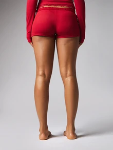 BABYPHAT Christmas Ribbed Knit High Rise Mini Hot Pants With Lace Trim Waistband And Rhinestone Logo Detail For Casual Lounge Wear - Red - View 3