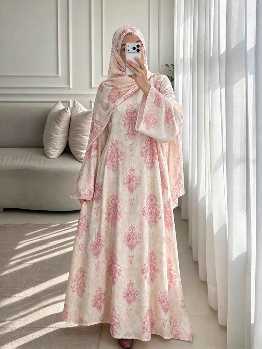 Yasmyna Áo choàng cầu nguyện nữ dáng rộng, phong cách thường ngày, họa tiết hoa, chất vải mềm mại thoải mái, thanh lịch - Màu Hồng baby - Xem 1
