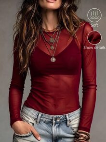 Ritzy Row Women's Sheer Mesh Round Neck Long Sleeve Sexy Top - Burgundy - View 1
