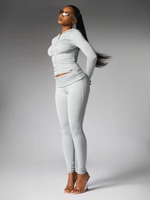 BABYPHAT High Rise Full Length Leggings With Foldover Waistband And Logo Print Detail Casual Everyday Streetwear Skinny Fit - Grey - View 4