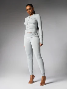 BABYPHAT High Rise Full Length Leggings With Foldover Waistband And Logo Print Detail Casual Everyday Streetwear Skinny Fit - Grey - View 2