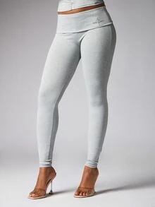 BABYPHAT High Rise Full Length Leggings With Foldover Waistband And Logo Print Detail Casual Everyday Streetwear Skinny Fit - Grey - View 3