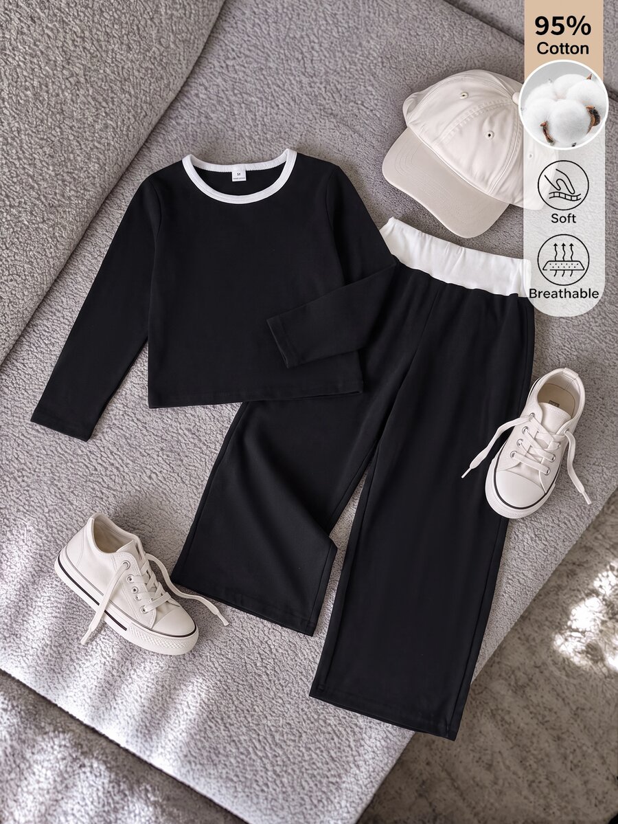 SHEIN 2件組青少年女孩秋冬棉質休閒運動套裝,簡約修身長袖黑色上衣 + 寬腿直筒褲,附對比白色腰帶 - 黑色 - 查看 1