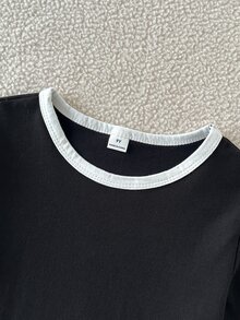 SHEIN 2件組青少年女孩秋冬棉質休閒運動套裝，簡約修身長袖黑色上衣 + 寬腿直筒褲，附對比白色腰帶 - 黑色 - 查看 4