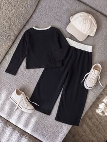 SHEIN 2件組青少年女孩秋冬棉質休閒運動套裝，簡約修身長袖黑色上衣 + 寬腿直筒褲，附對比白色腰帶 - 黑色 - 查看 2
