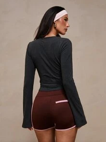 Glamine Women's Wrap V Neck Long Sleeve Top, Studded Decor Tie Waist Fitted Dark Grey Blouse, Chic Casual Outfit For Halloween Christmas - Grey - View 2