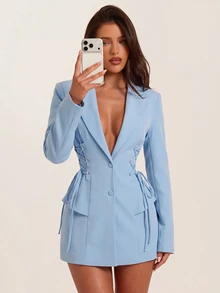 SHEIN BAE Women's Solid Color Lapel Neck Long Sleeve Side Waist Tie Design Elegant Blazer - Baby Blue - View 4