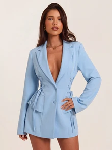 SHEIN BAE Women's Solid Color Lapel Neck Long Sleeve Side Waist Tie Design Elegant Blazer - Baby Blue - View 1