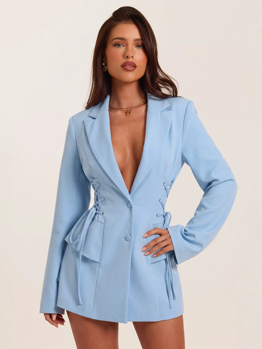SHEIN BAE Women's Solid Color Lapel Neck Long Sleeve Side Waist Tie Design Elegant Blazer - Baby Blue - View 1