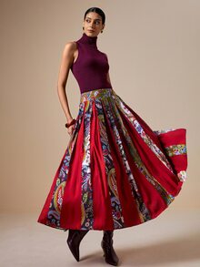LOTSLUV تنورة نسائية أنيقة رومانسية بطباعة بيزلي ملونة مع طيات وتصميم كتل لونية - متعدد الألوان - مشاهدة 5