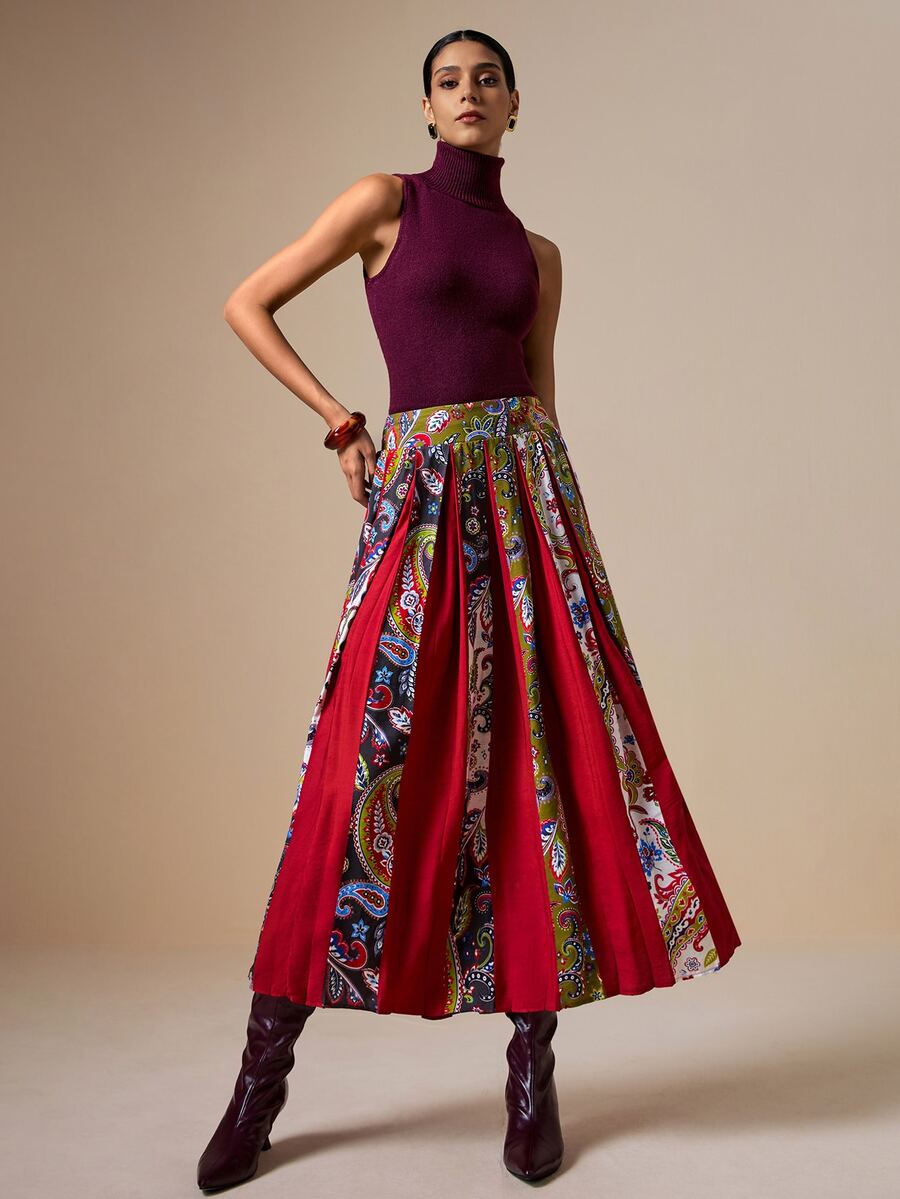 LOTSLUV Women's Elegant Romantic Colorful Paisley Print Pleated Colorblock Skirt - Multicolor - View 1