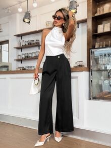 Easowa Casual Relaxed Elegant Commute Autumn/Winter Satin Fabric Metal Buckle Long Pants - Black - View 5