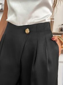 Easowa Casual Relaxed Elegant Commute Autumn/Winter Satin Fabric Metal Buckle Long Pants - Black - View 6