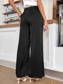 Easowa Casual Relaxed Elegant Commute Autumn/Winter Satin Fabric Metal Buckle Long Pants - Black - View 9