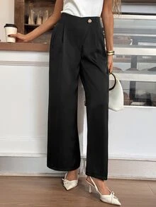Easowa Casual Relaxed Elegant Commute Autumn/Winter Satin Fabric Metal Buckle Long Pants - Black - View 7