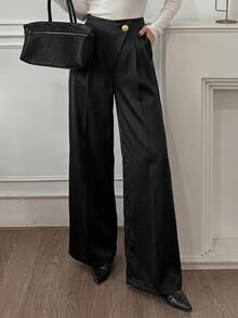 Easowa Casual Relaxed Elegant Commute Autumn/Winter Satin Fabric Metal Buckle Long Pants - Black - View 3