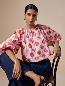 LOTSLUV Women's Autumn Elegant Pink Bead & Gemstone Print V-Neck Mid-Sleeve Cropped Loose Blouse - Pink - View 7