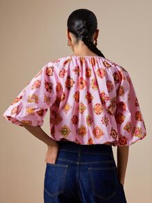 LOTSLUV Women's Autumn Elegant Pink Bead & Gemstone Print V-Neck Mid-Sleeve Cropped Loose Blouse - Pink - View 2