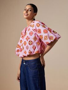 LOTSLUV Women's Autumn Elegant Pink Bead & Gemstone Print V-Neck Mid-Sleeve Cropped Loose Blouse - Pink - View 5