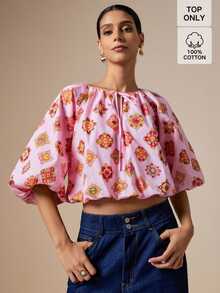 LOTSLUV Women's Autumn Elegant Pink Bead & Gemstone Print V-Neck Mid-Sleeve Cropped Loose Blouse - Pink - View 1