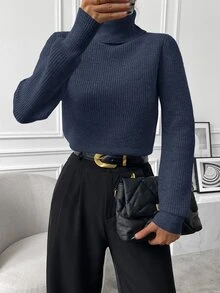 Calvaya Women's Solid Color Turtleneck Long Sleeve Casual Minimalist Sweater, Autumn/Winter, Only Selling Sweaters. - Navy Blue - View 8