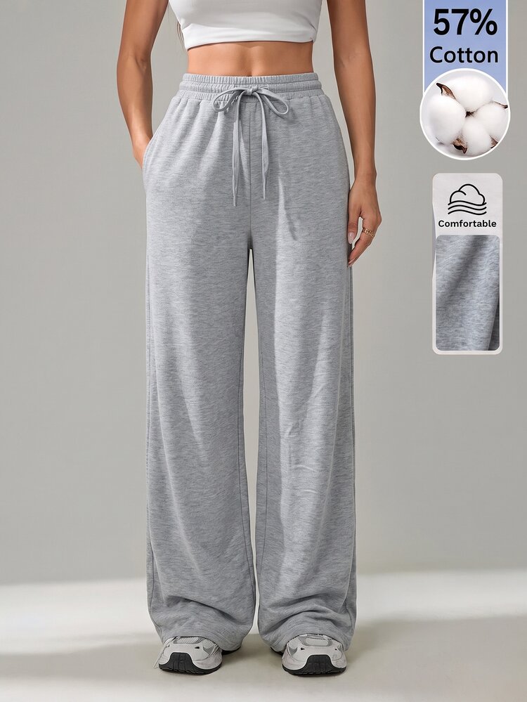 SHEIN Tall Women's Casual Sports Minimalist Versatile Solid Color Drawstring Waist Wide Leg Sweatpants - Grey - View 4