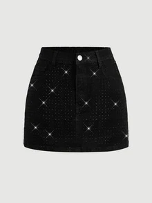 SHEIN Girlism 青少年女孩亮面水鑽黑色牛仔迷你裙 牛仔女郎派對舞會新年亡靈節裙 亮片夏季街頭風可愛款 - 黑色 - 查看 5