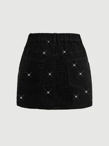 SHEIN Girlism 青少年女孩亮面水鑽黑色牛仔迷你裙 牛仔女郎派對舞會新年亡靈節裙 亮片夏季街頭風可愛款 - 黑色 - 查看 2