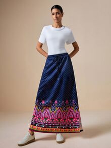 LOTSLUV Women's Elegant Navy Blue Heart Floral Print Straight Split Hem Skirt - Multicolor - View 5