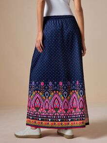 LOTSLUV Women's Elegant Navy Blue Heart Floral Print Straight Split Hem Skirt - Multicolor - View 2