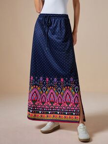 LOTSLUV Women's Elegant Navy Blue Heart Floral Print Straight Split Hem Skirt - Multicolor - View 3