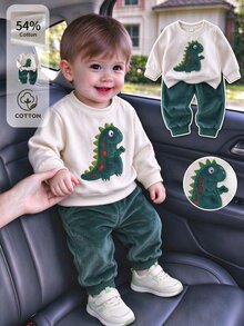 SHEIN 2pcs/Set Baby Boy Dinosaur Embroidered Reversible Fleece Sweatshirt And Pants Set Unisex Halloween Green Cute Kawaii Baggy Clothes Autumn Fall - Multicolor - View 2