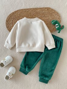 SHEIN 2pcs/Set Baby Boy Dinosaur Embroidered Reversible Fleece Sweatshirt And Pants Set Unisex Halloween Green Cute Kawaii Baggy Clothes Autumn Fall - Multicolor - View 3