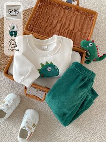 SHEIN 2pcs/Set Baby Boy Dinosaur Embroidered Reversible Fleece Sweatshirt And Pants Set Unisex Halloween Green Cute Kawaii Baggy Clothes Autumn Fall - Multicolor - View 7