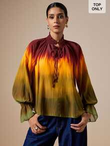 LOTSLUV Women's Autumn Elegant Colorful Gradient Print High Neck Long Sleeve Loose Blouse - Multicolor - View 6