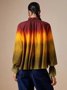 LOTSLUV Women's Autumn Elegant Colorful Gradient Print High Neck Long Sleeve Loose Blouse - Multicolor - View 2